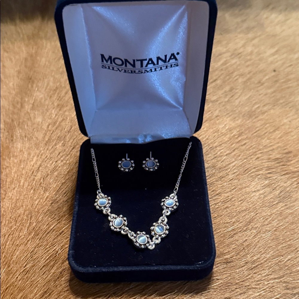 Montana Silversmiths Silver Necklace and Earrings Set with blue Opal Accents